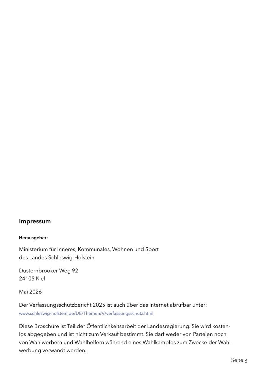 Seite 3 des Verfassungsschutzbericht 2025 Schleswig-Holstein