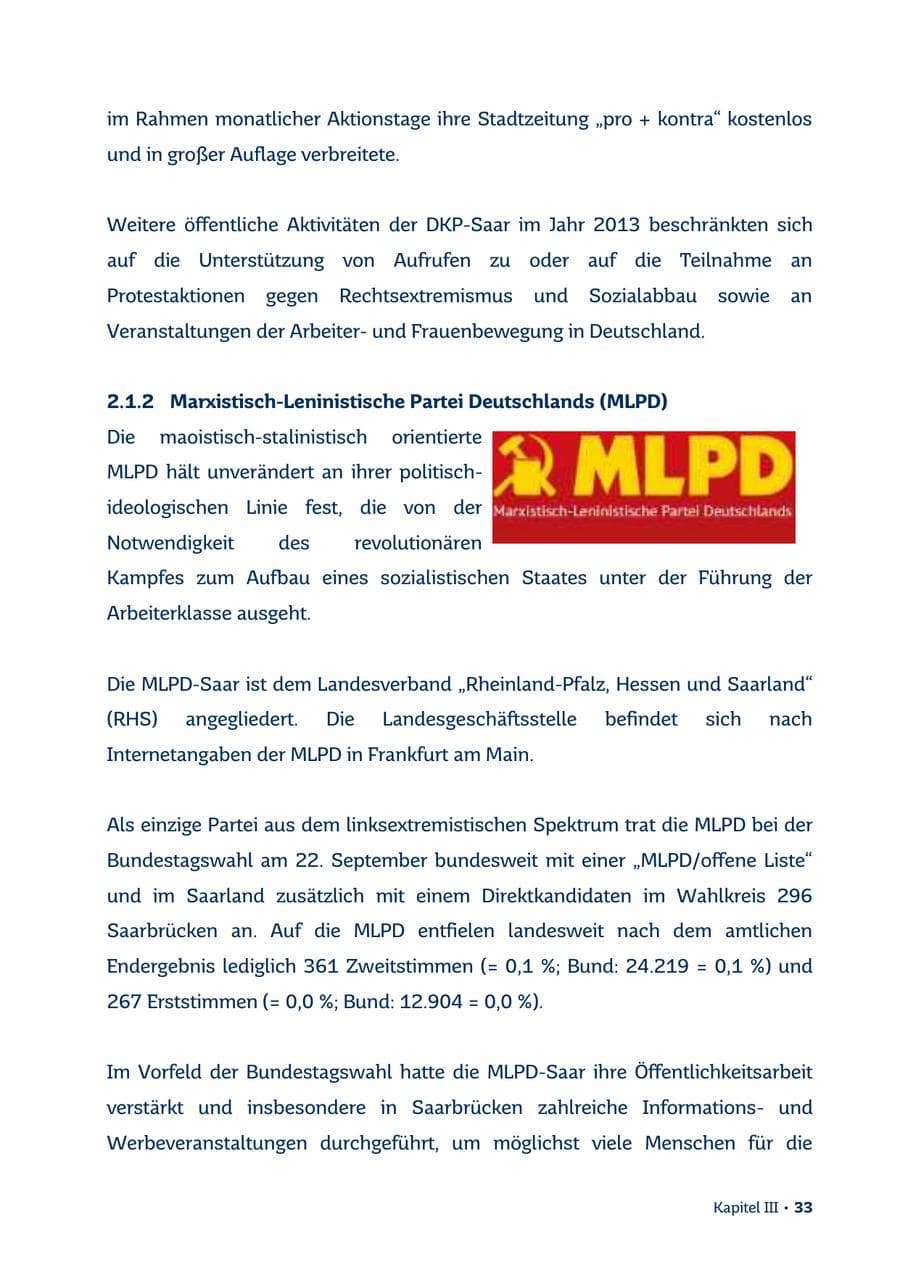 Seite 33 des Verfassungsschutzbericht 2013 Saarland