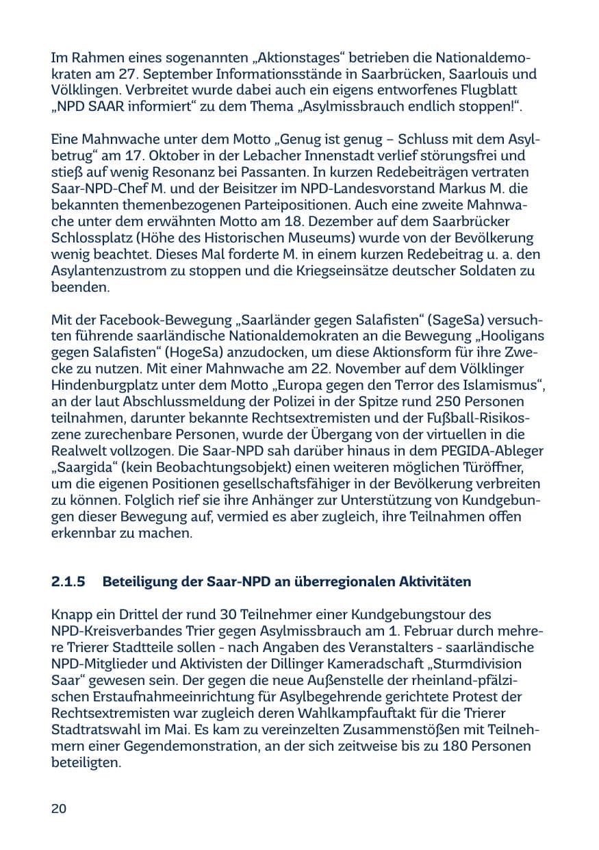 Seite 20 des Verfassungsschutzbericht 2014 Saarland