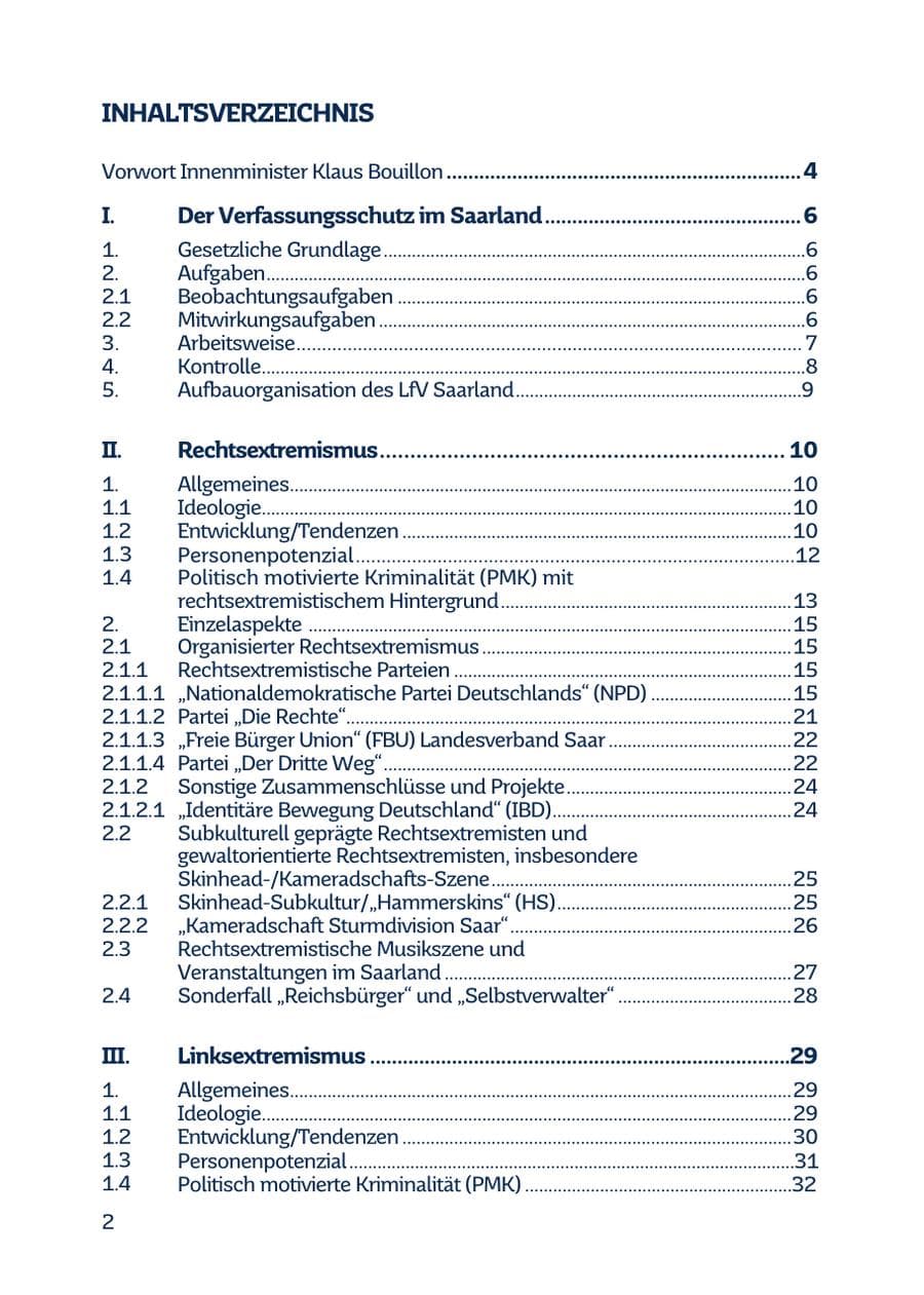 Seite 2 des Verfassungsschutzbericht 2016 Saarland