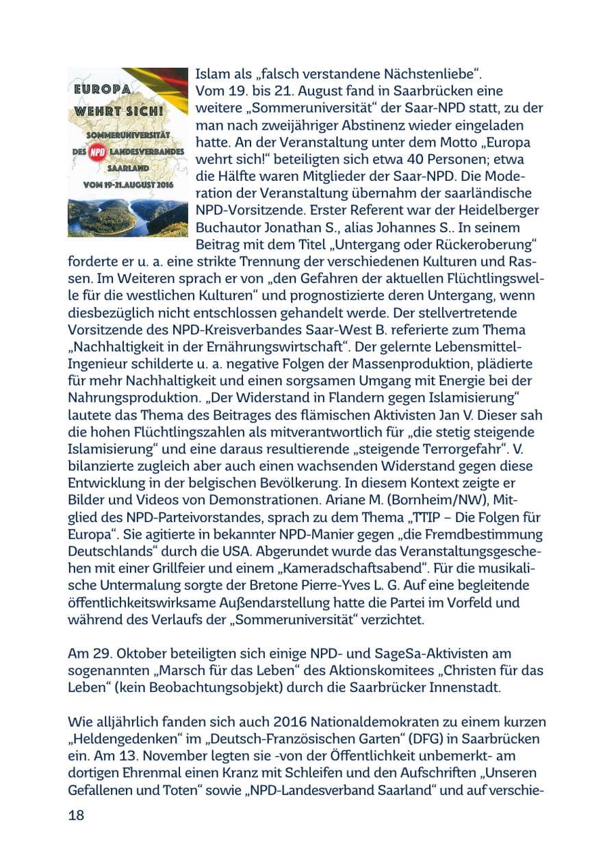 Seite 18 des Verfassungsschutzbericht 2016 Saarland