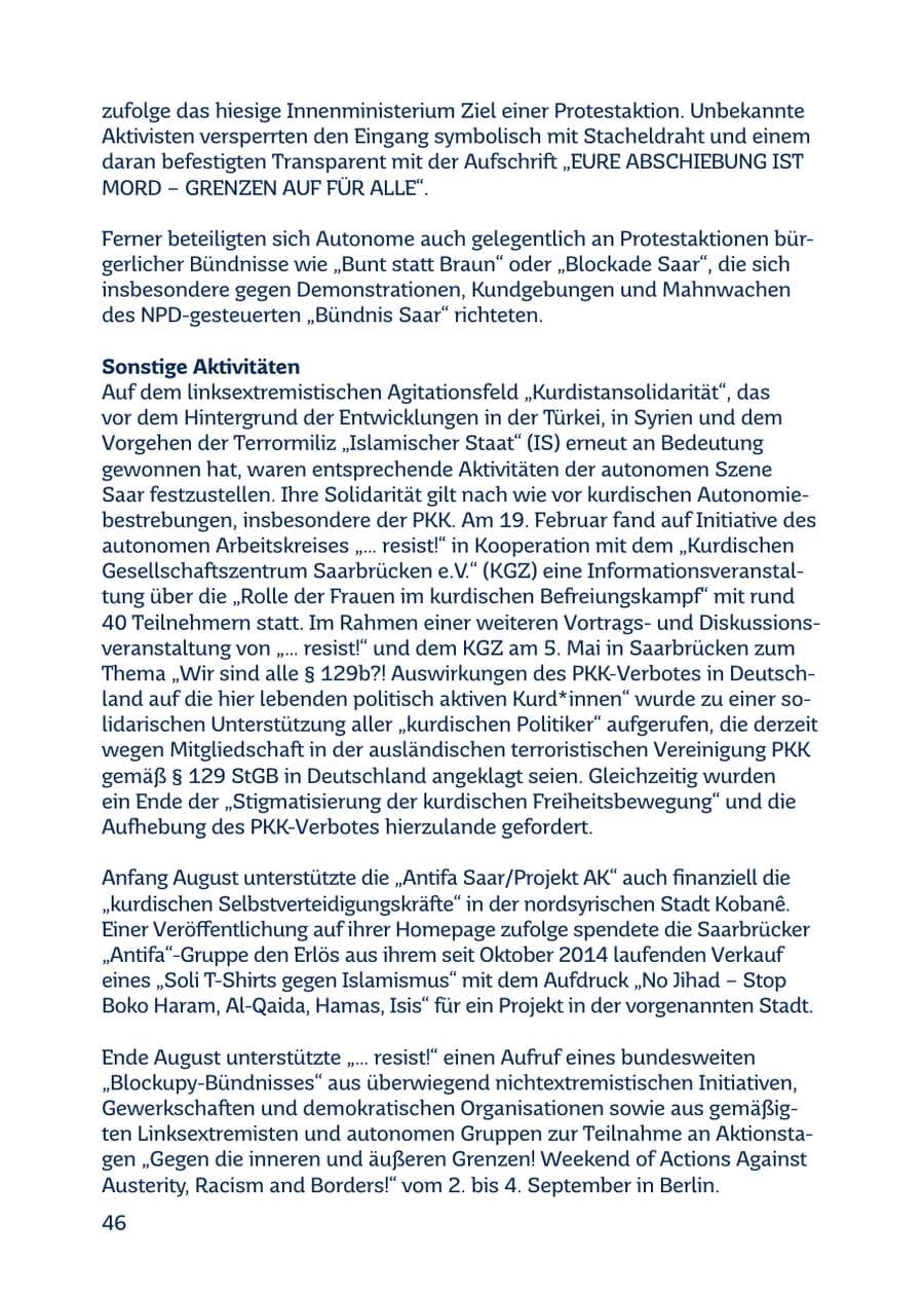 Seite 46 des Verfassungsschutzbericht 2016 Saarland