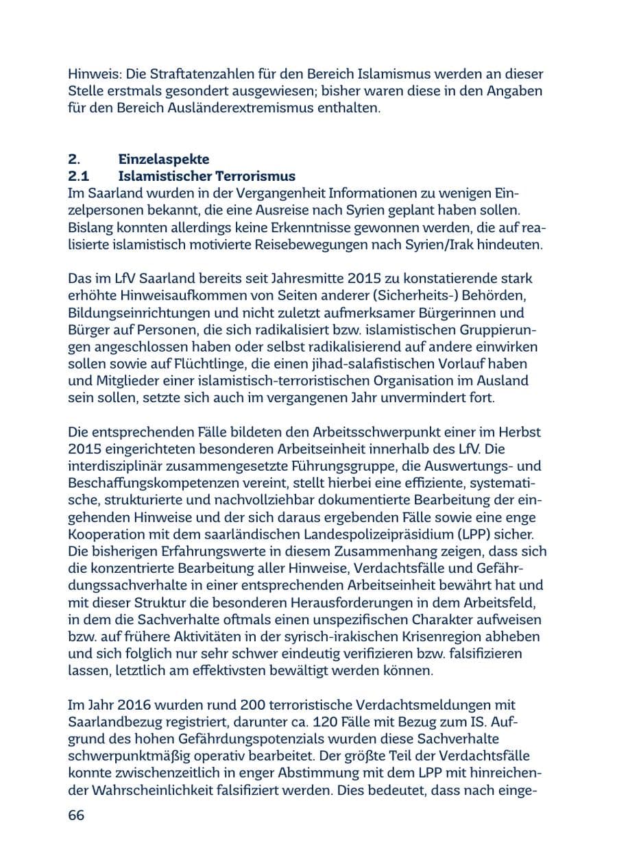 Seite 66 des Verfassungsschutzbericht 2016 Saarland