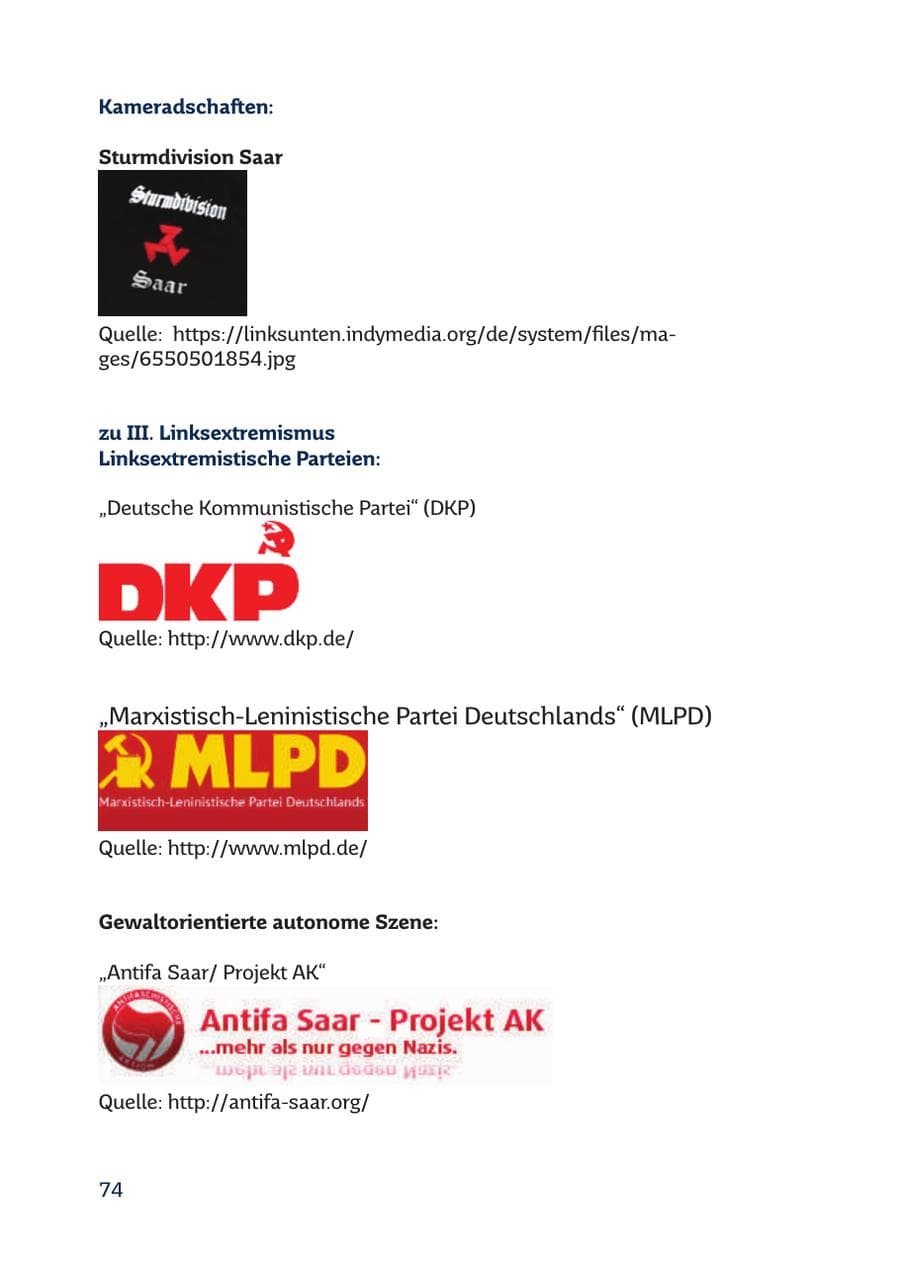 Seite 74 des Verfassungsschutzbericht 2016 Saarland