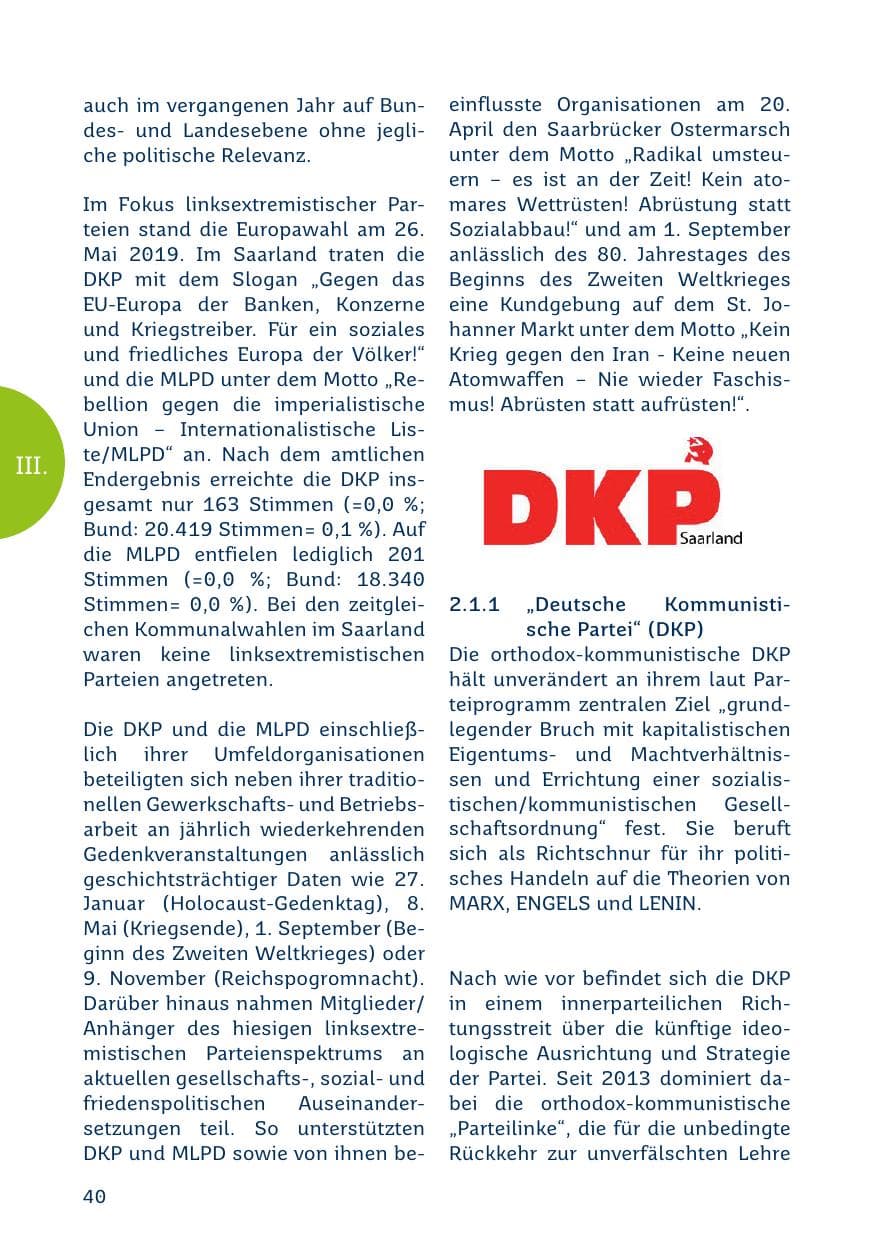 Seite 40 des Verfassungsschutzbericht 2019 Saarland