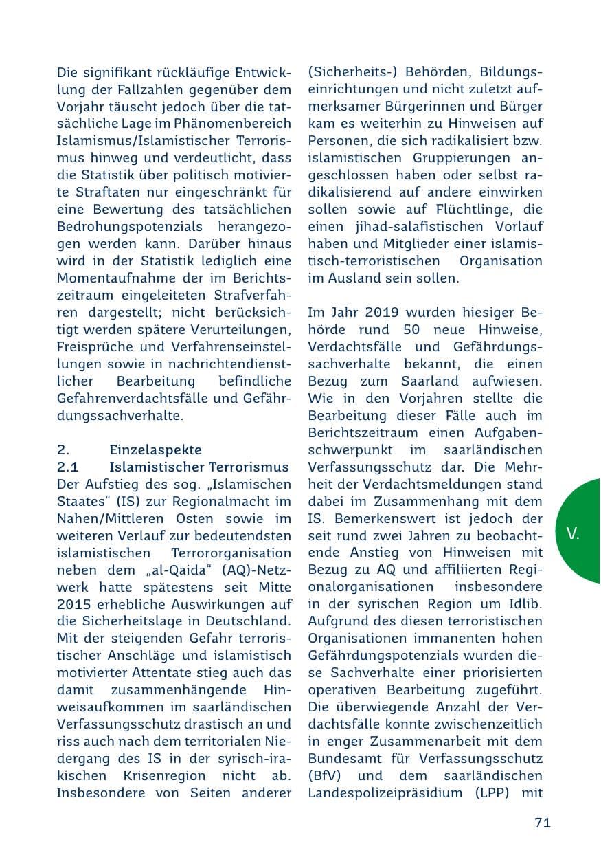 Seite 71 des Verfassungsschutzbericht 2019 Saarland