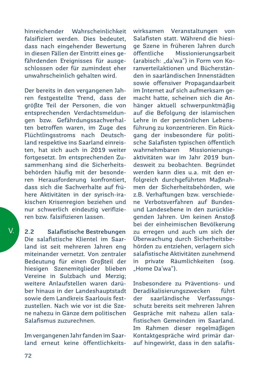 Seite 72 des Verfassungsschutzbericht 2019 Saarland
