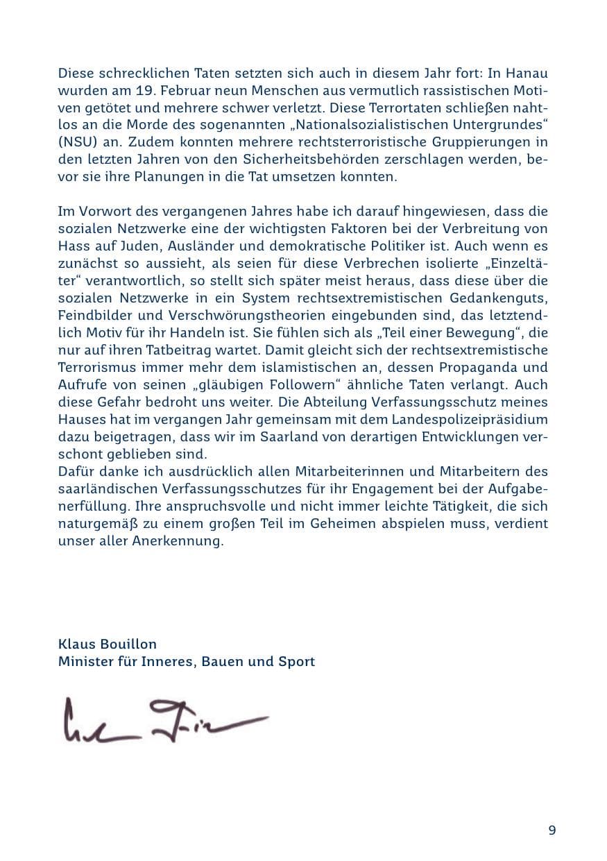 Seite 9 des Verfassungsschutzbericht 2019 Saarland