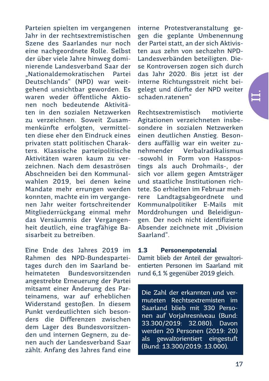 Seite 19 des Verfassungsschutzbericht 2020 Saarland