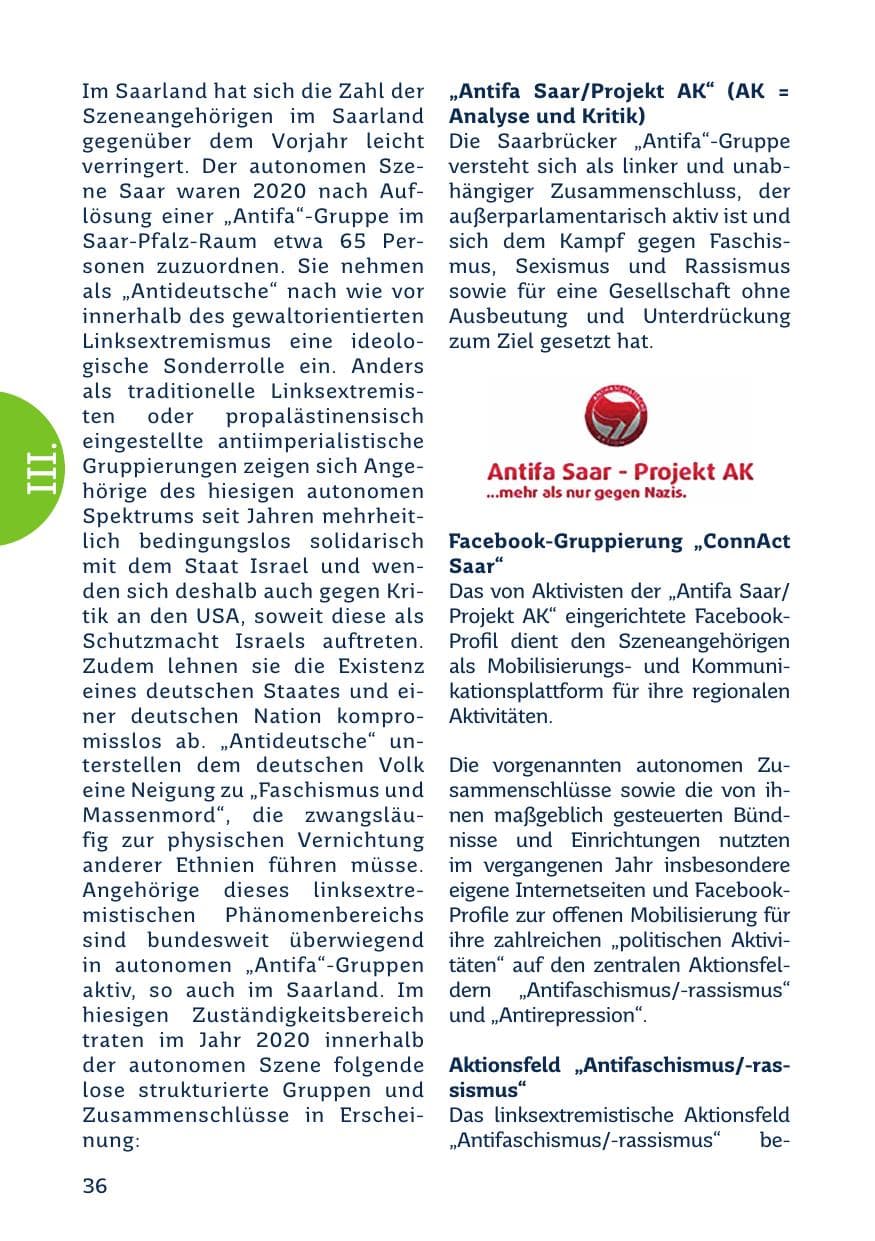 Seite 38 des Verfassungsschutzbericht 2020 Saarland