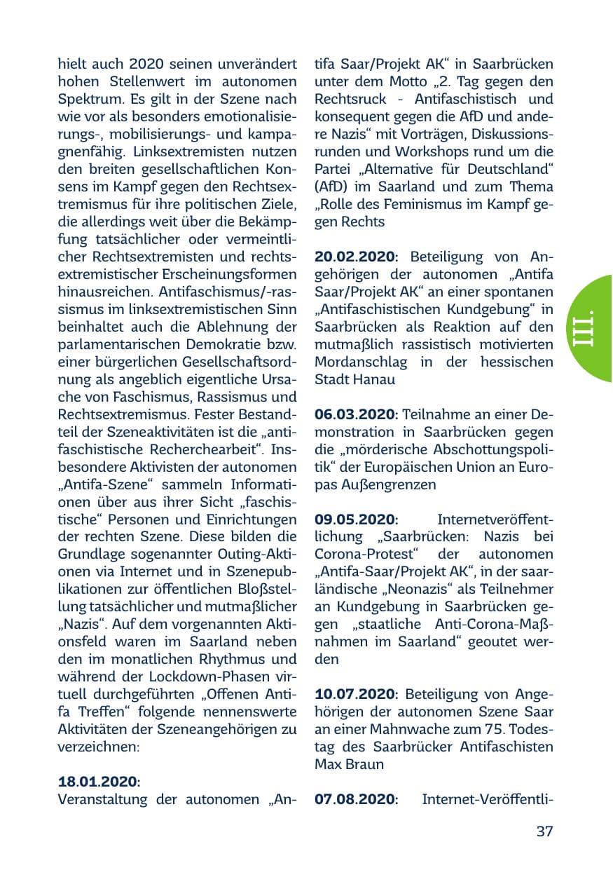 Seite 39 des Verfassungsschutzbericht 2020 Saarland