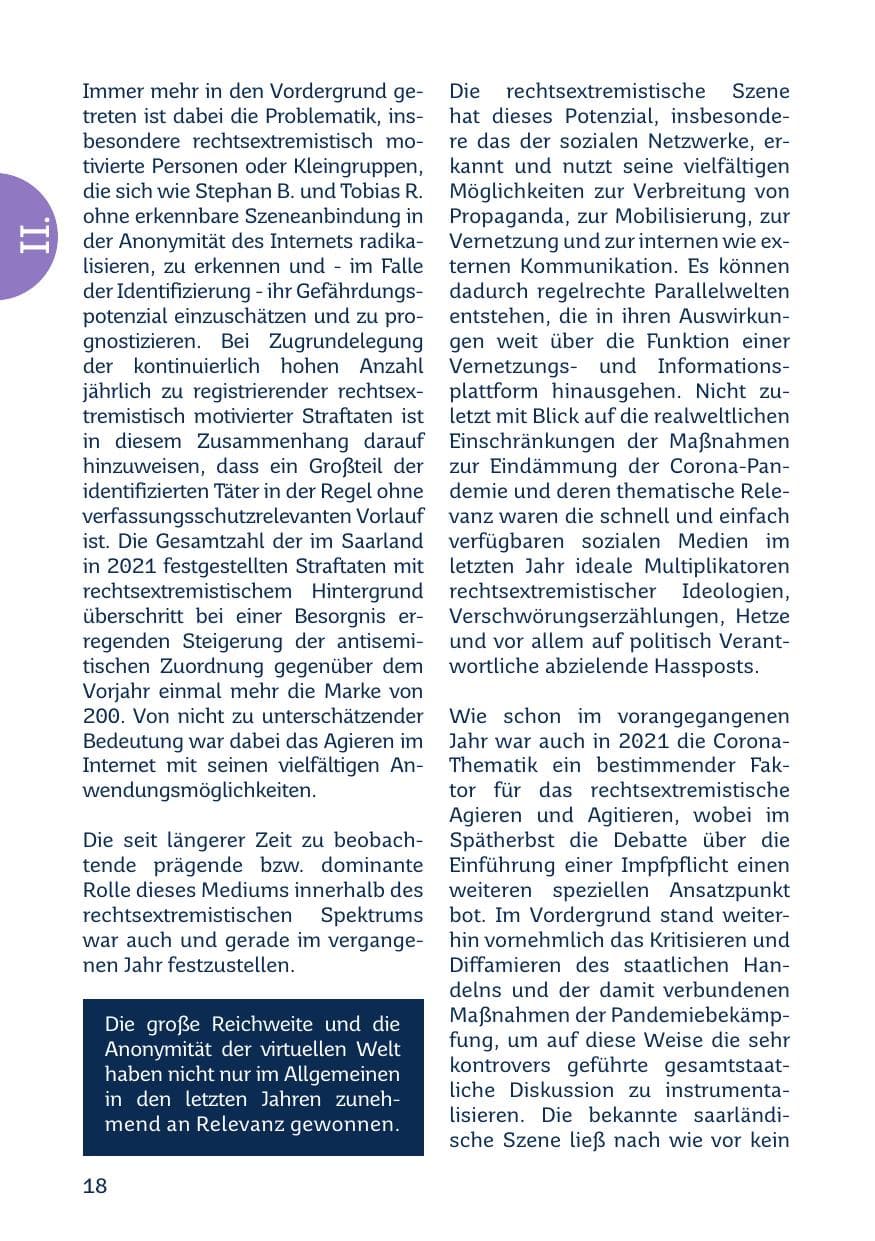 Seite 20 des Verfassungsschutzbericht 2021 Saarland