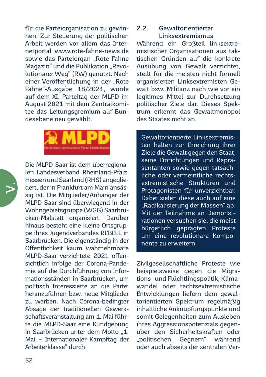 Seite 54 des Verfassungsschutzbericht 2021 Saarland