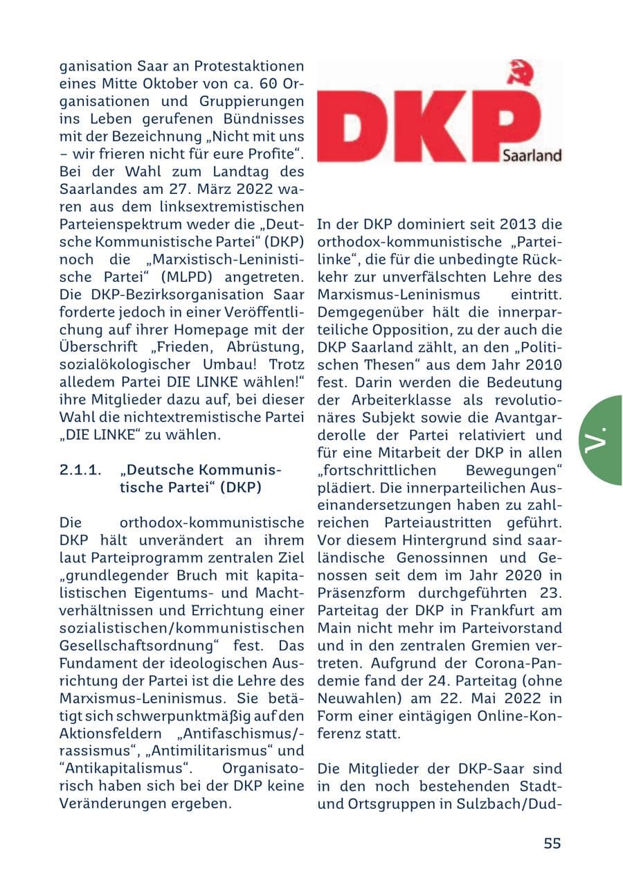 Seite 55 des Verfassungsschutzbericht 2022 Saarland
