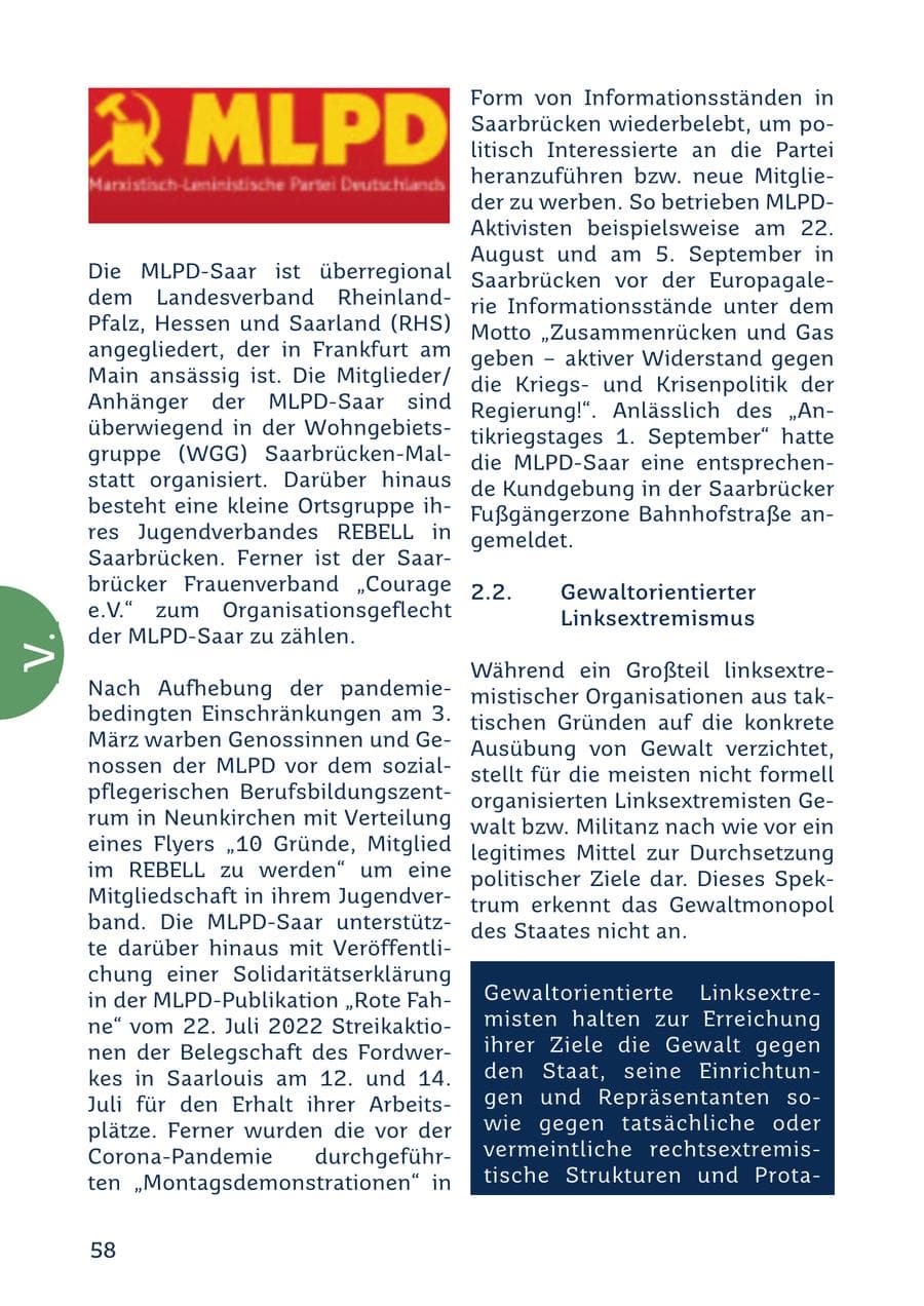 Seite 58 des Verfassungsschutzbericht 2022 Saarland