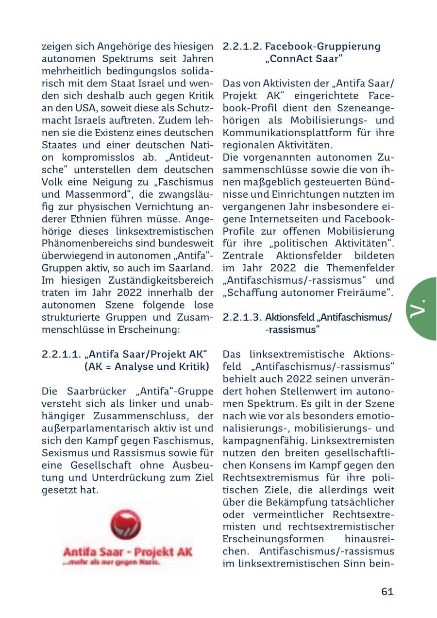 Seite 61 des Verfassungsschutzbericht 2022 Saarland