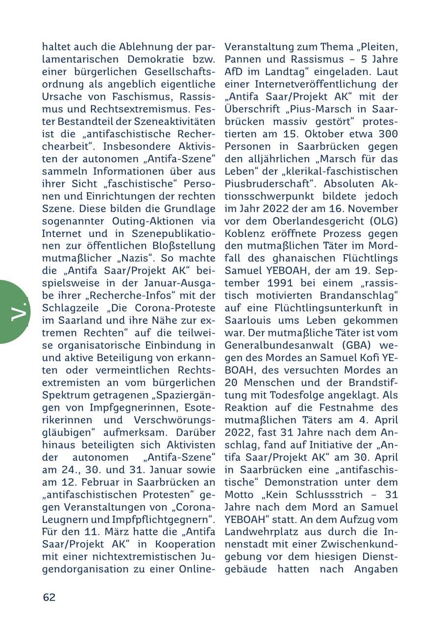 Seite 62 des Verfassungsschutzbericht 2022 Saarland