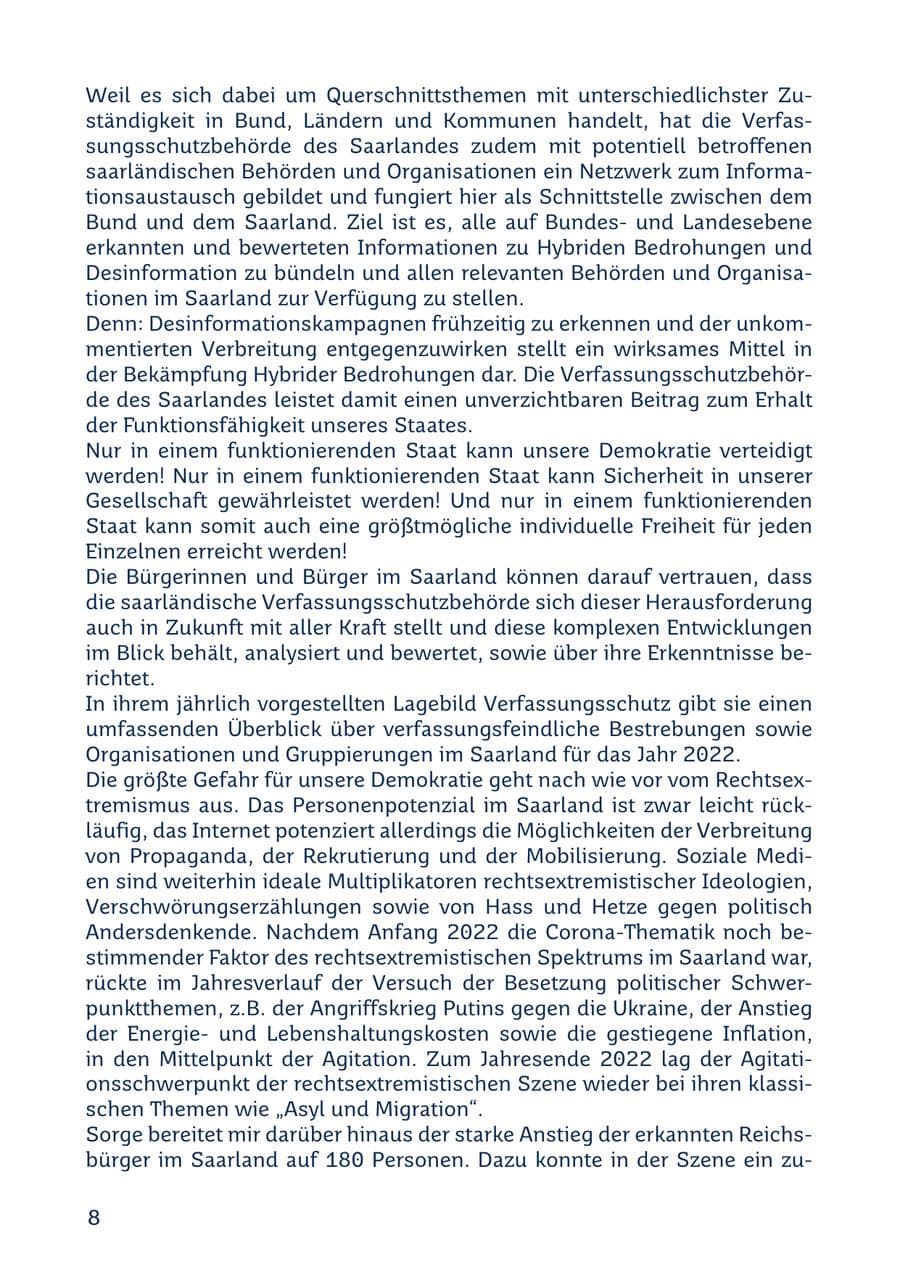 Seite 8 des Verfassungsschutzbericht 2022 Saarland