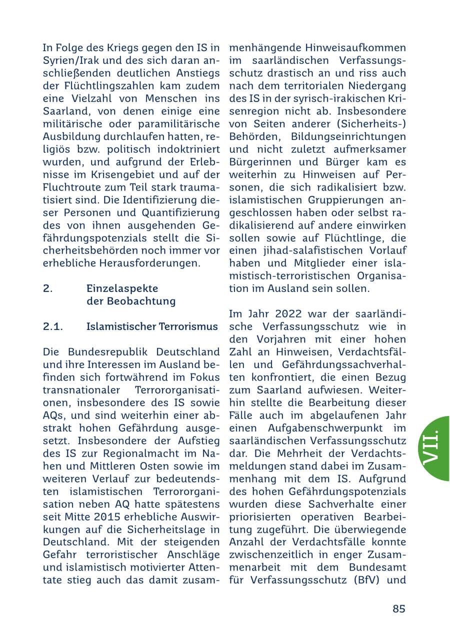 Seite 85 des Verfassungsschutzbericht 2022 Saarland