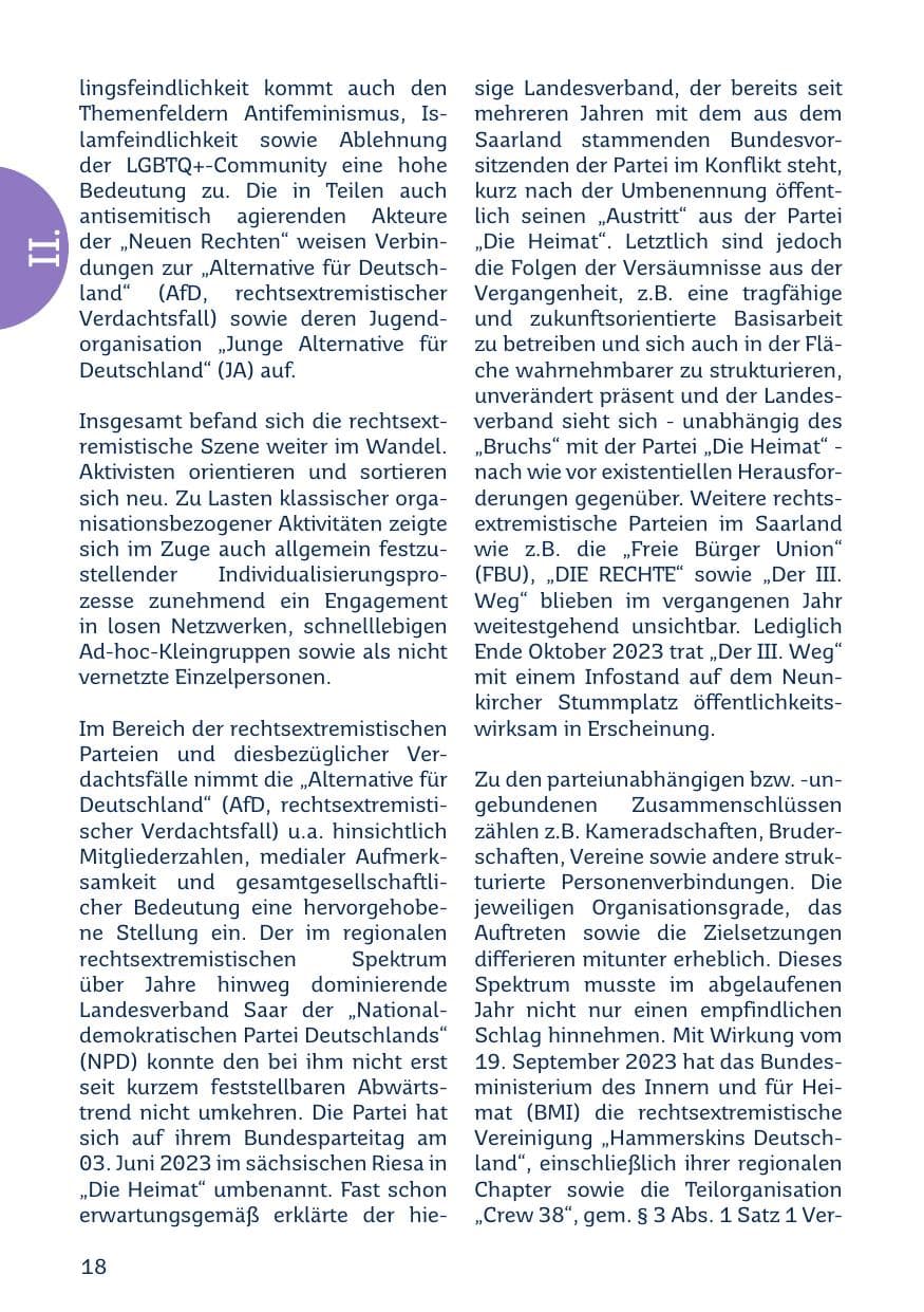 Seite 18 des Verfassungsschutzbericht 2023 Saarland