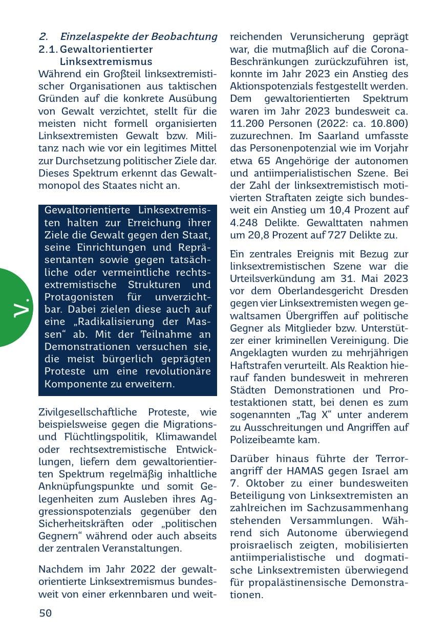 Seite 50 des Verfassungsschutzbericht 2023 Saarland