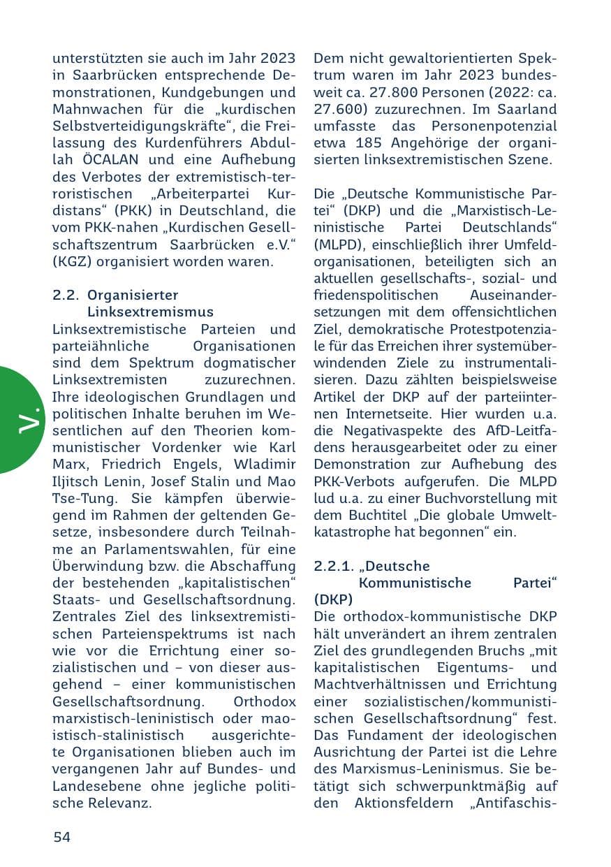 Seite 54 des Verfassungsschutzbericht 2023 Saarland