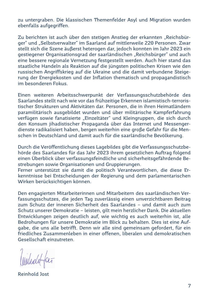 Seite 7 des Verfassungsschutzbericht 2023 Saarland