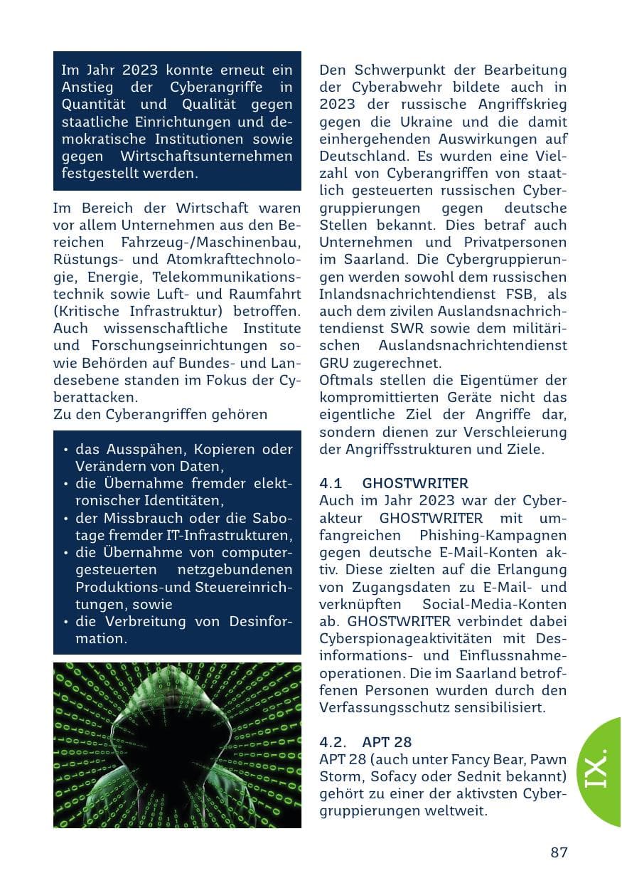 Seite 87 des Verfassungsschutzbericht 2023 Saarland