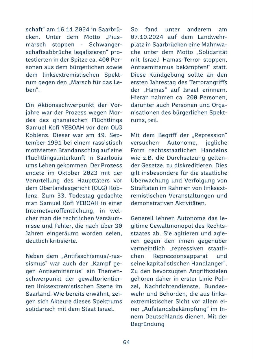 Seite 64 des Verfassungsschutzbericht 2024 Saarland