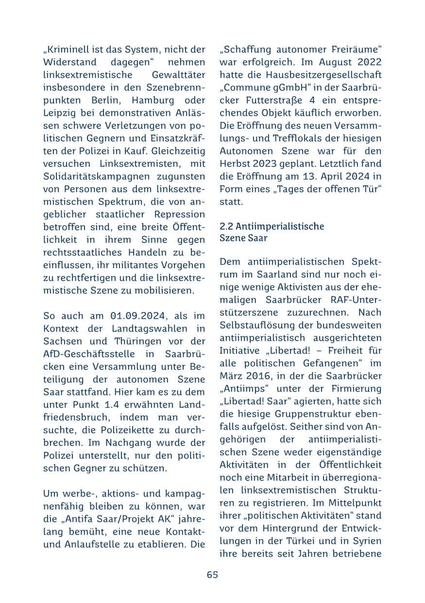 Seite 65 des Verfassungsschutzbericht 2024 Saarland