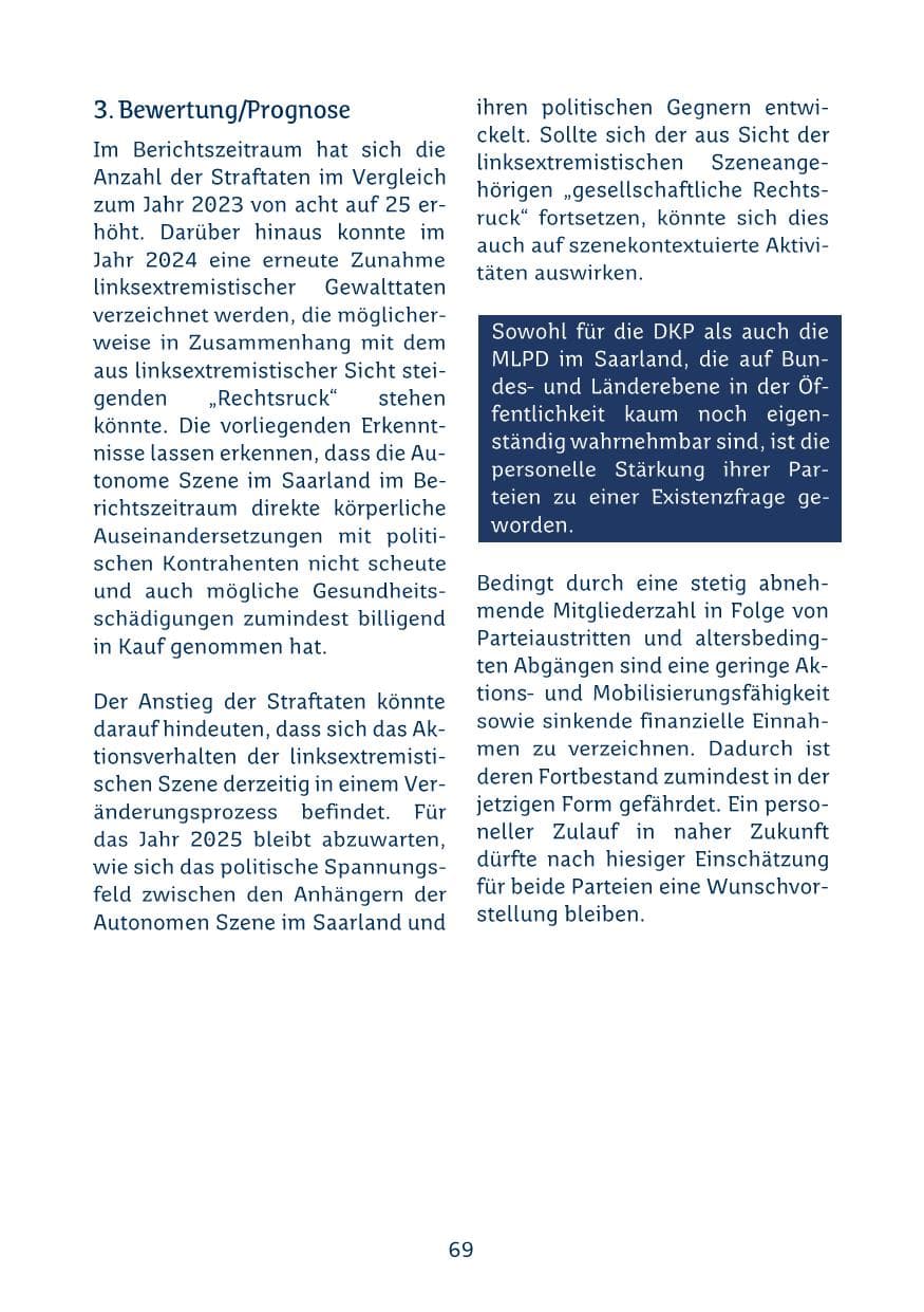 Seite 69 des Verfassungsschutzbericht 2024 Saarland