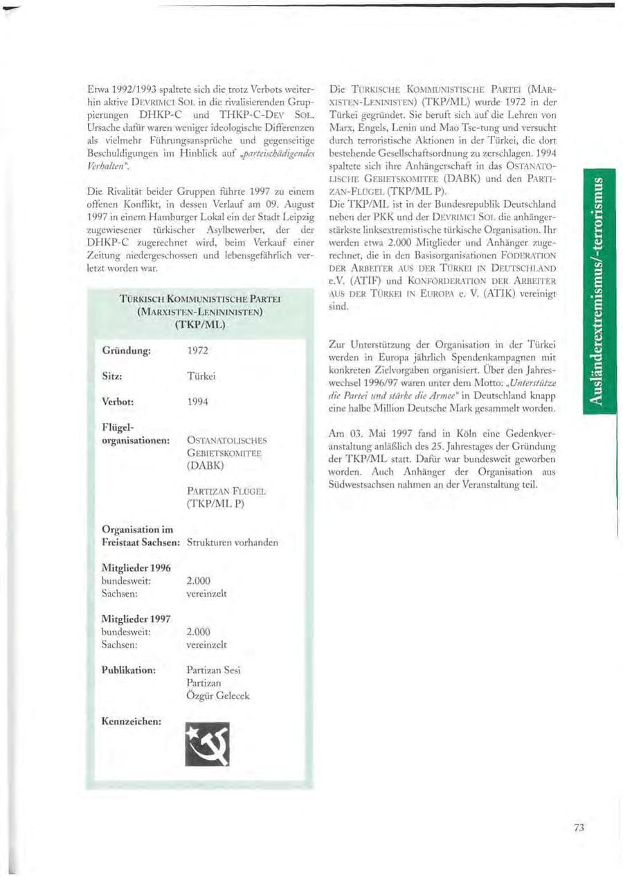 Seite 73 des Verfassungsschutzbericht 1997 Sachsen