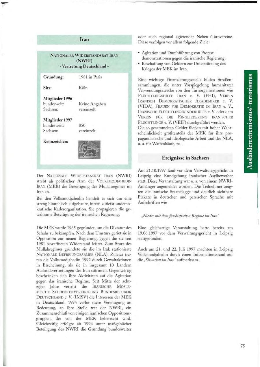 Seite 75 des Verfassungsschutzbericht 1997 Sachsen