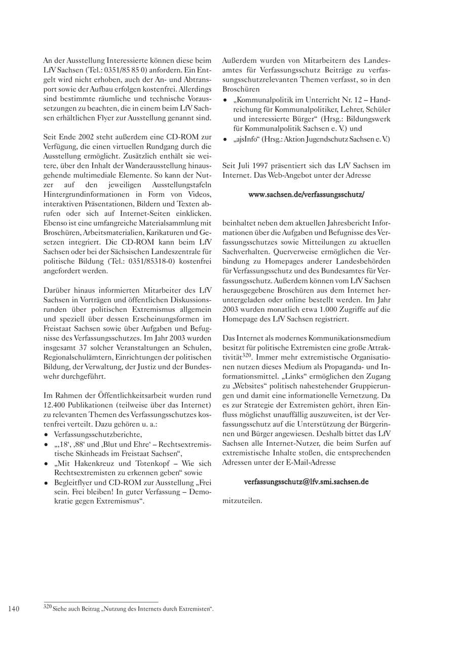 Seite 140 des Verfassungsschutzbericht 2003 Sachsen