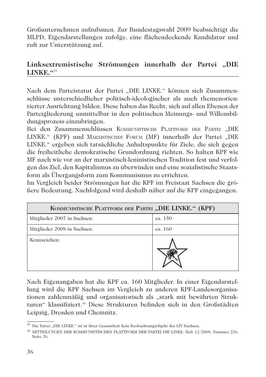 Seite 38 des Verfassungsschutzbericht 2008 Sachsen