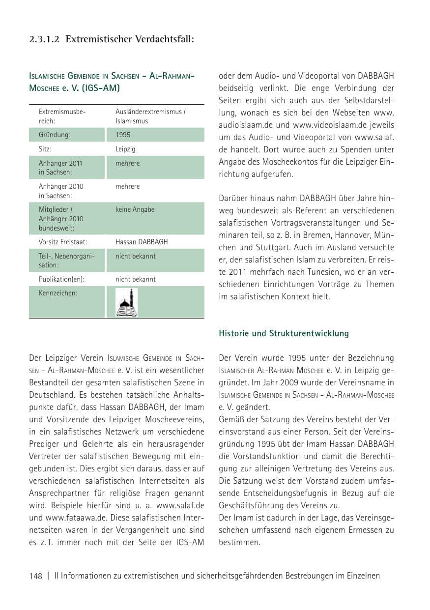 Seite 150 des Verfassungsschutzbericht 2011 Sachsen
