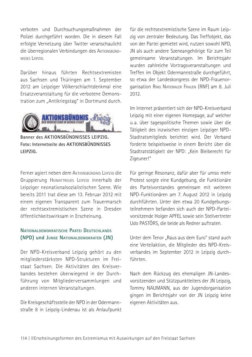 Seite 116 des Verfassungsschutzbericht 2012 Sachsen