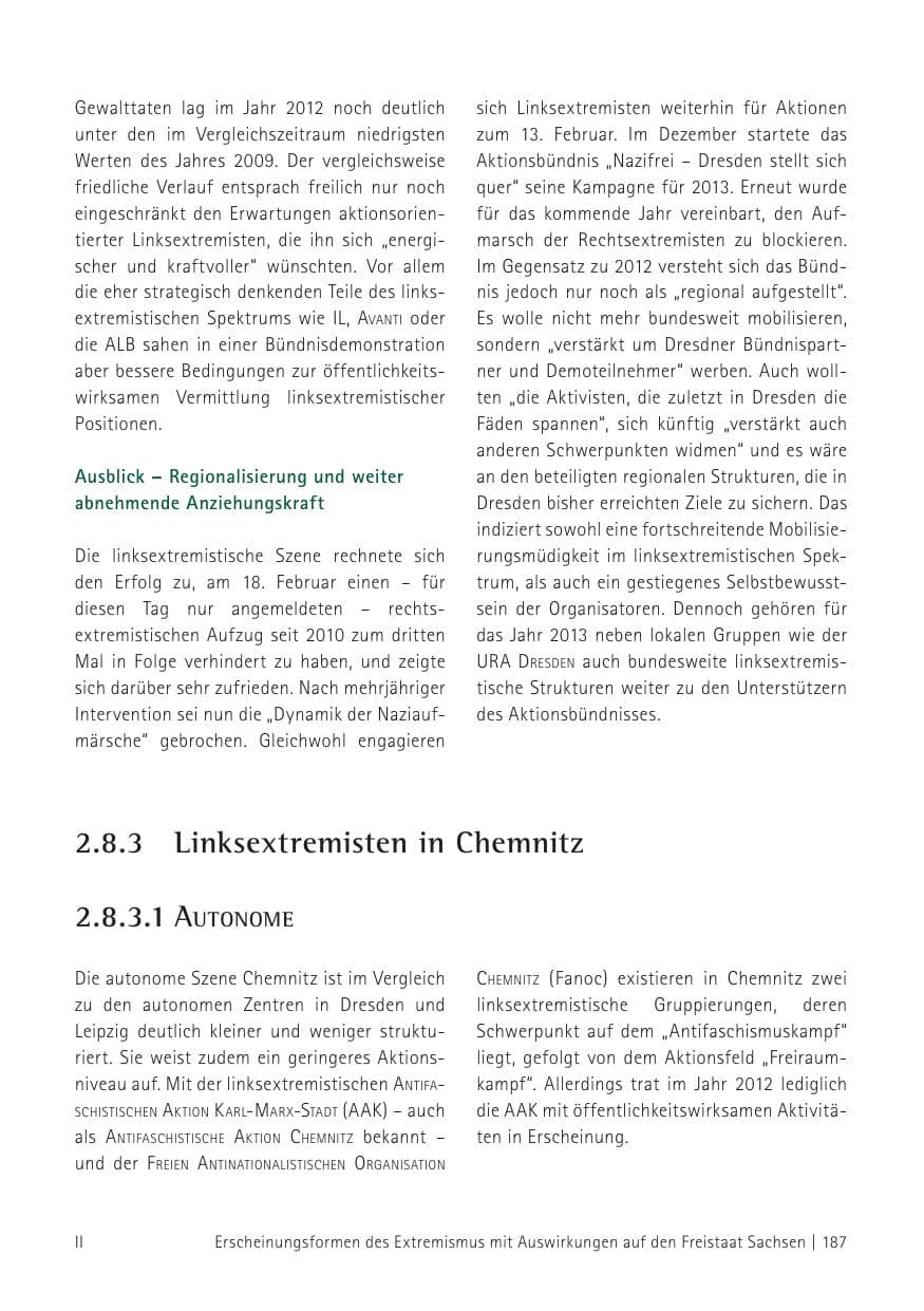 Seite 189 des Verfassungsschutzbericht 2012 Sachsen