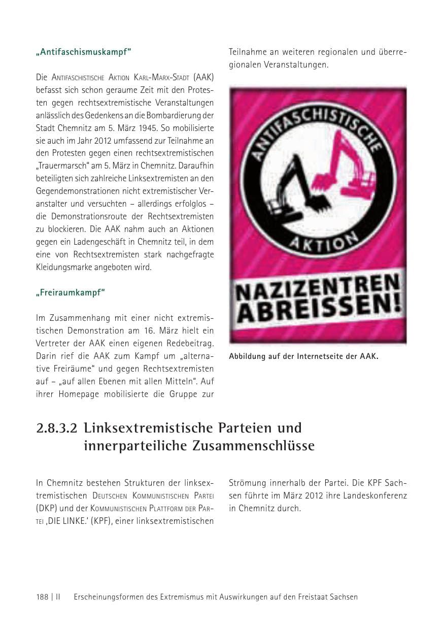 Seite 190 des Verfassungsschutzbericht 2012 Sachsen