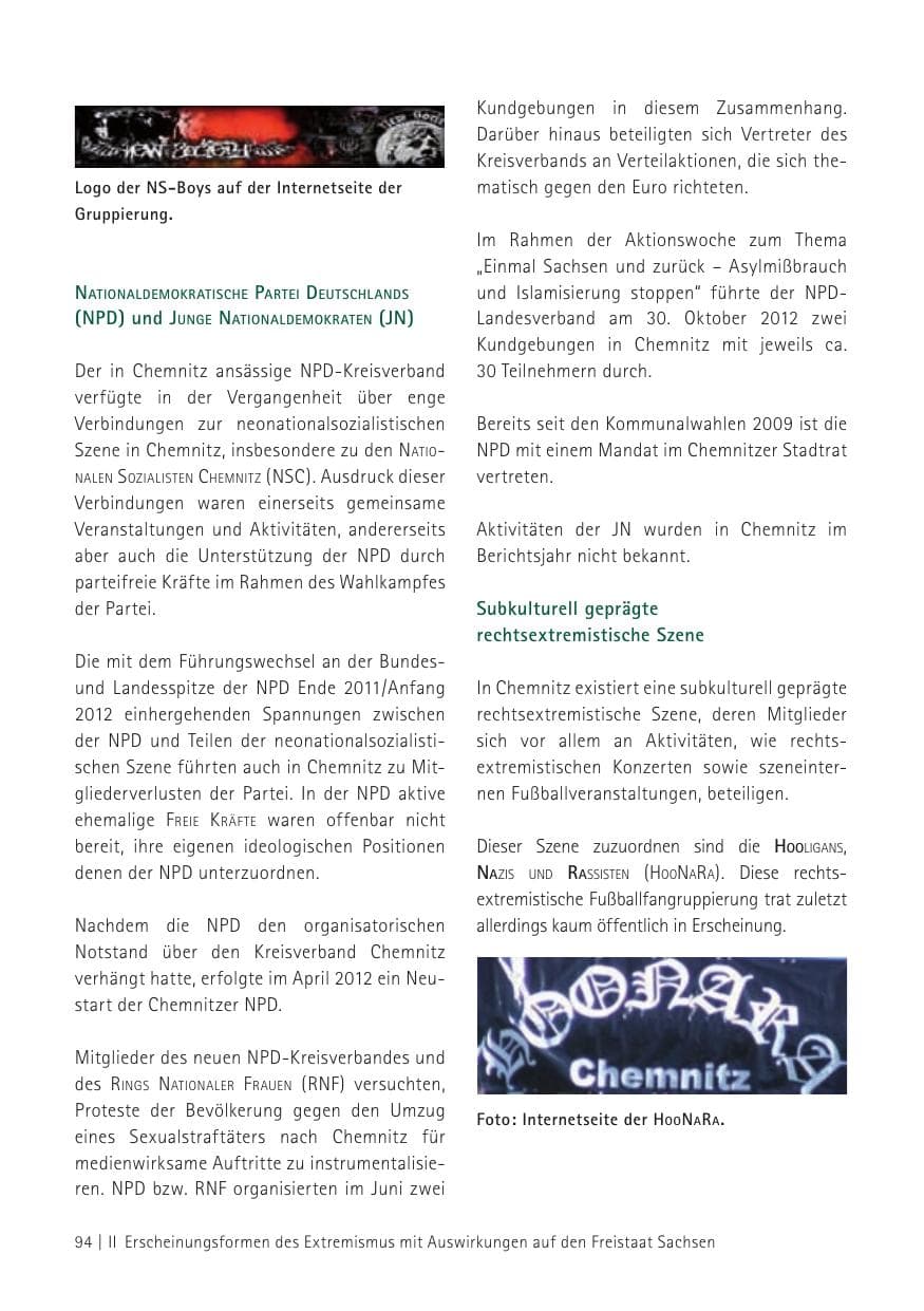Seite 96 des Verfassungsschutzbericht 2012 Sachsen