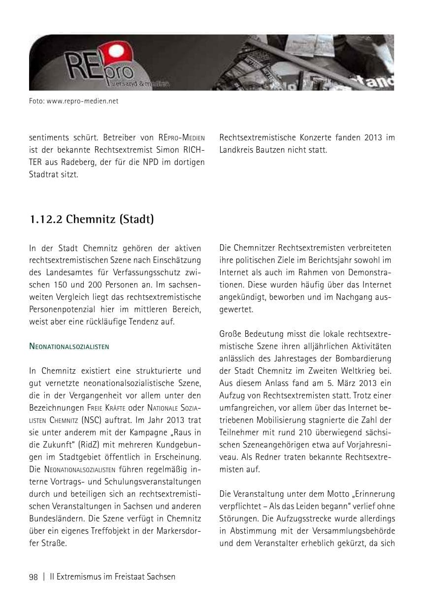Seite 100 des Verfassungsschutzbericht 2013 Sachsen