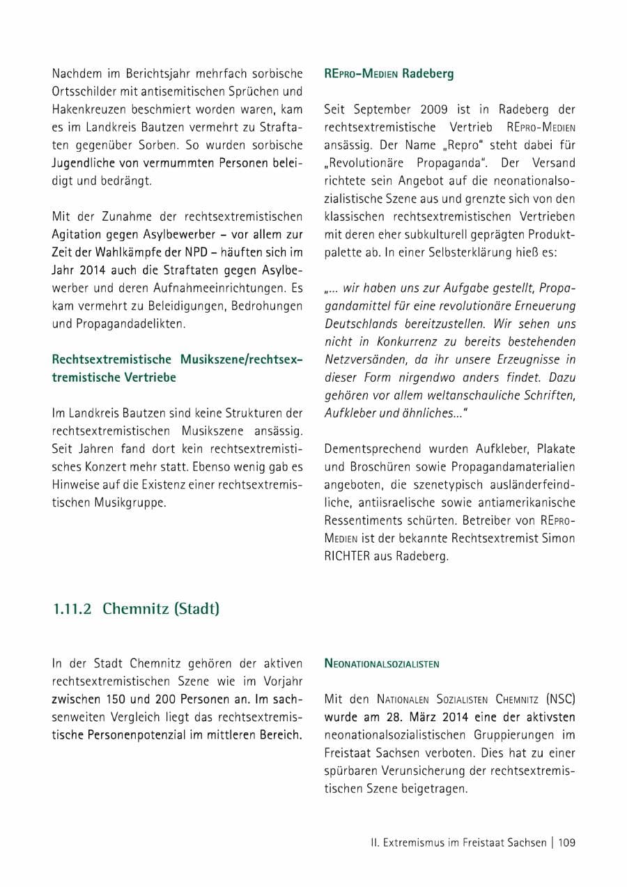 Seite 110 des Verfassungsschutzbericht 2014 Sachsen