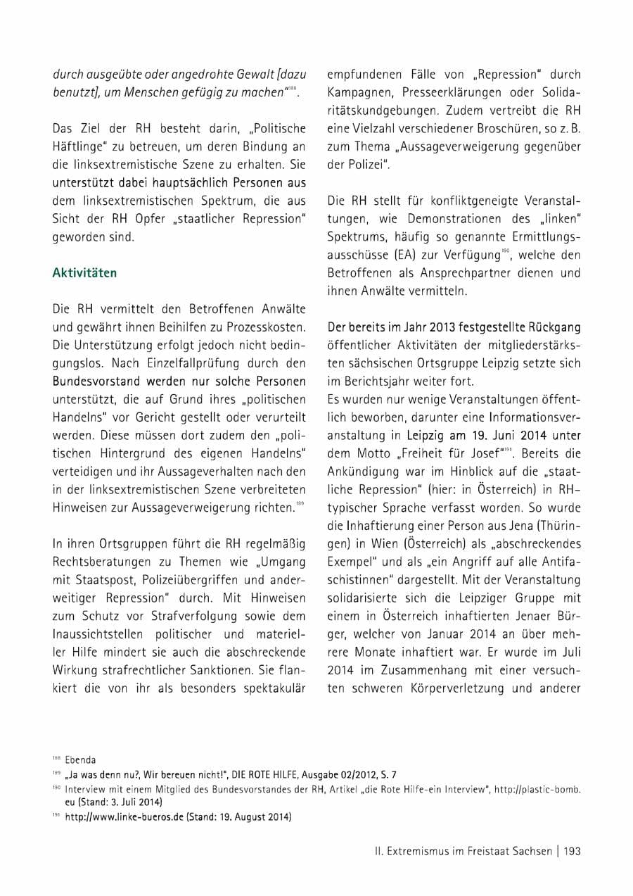 Seite 194 des Verfassungsschutzbericht 2014 Sachsen