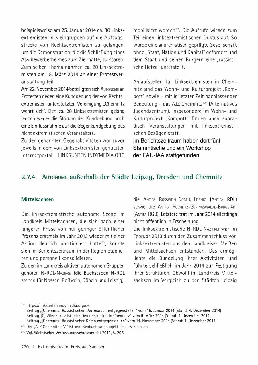 Seite 221 des Verfassungsschutzbericht 2014 Sachsen