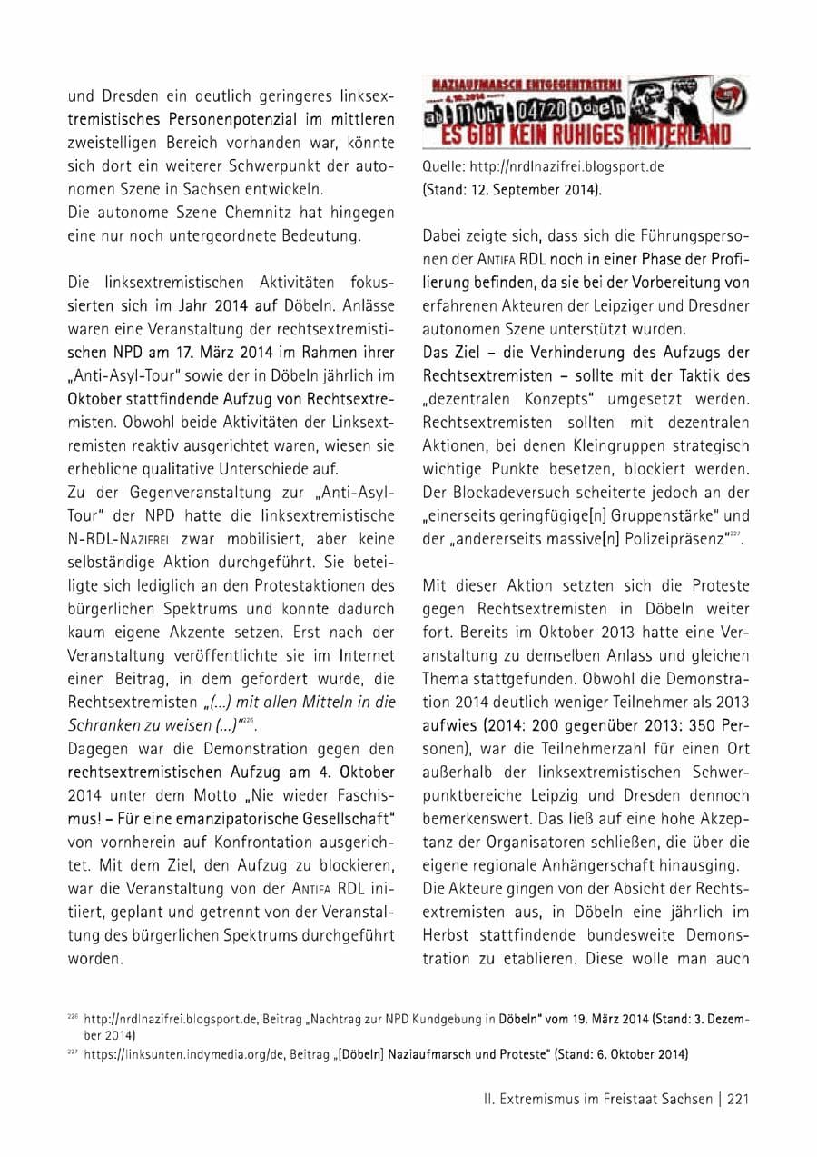 Seite 222 des Verfassungsschutzbericht 2014 Sachsen