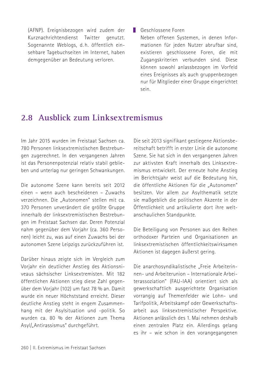Seite 262 des Verfassungsschutzbericht 2015 Sachsen
