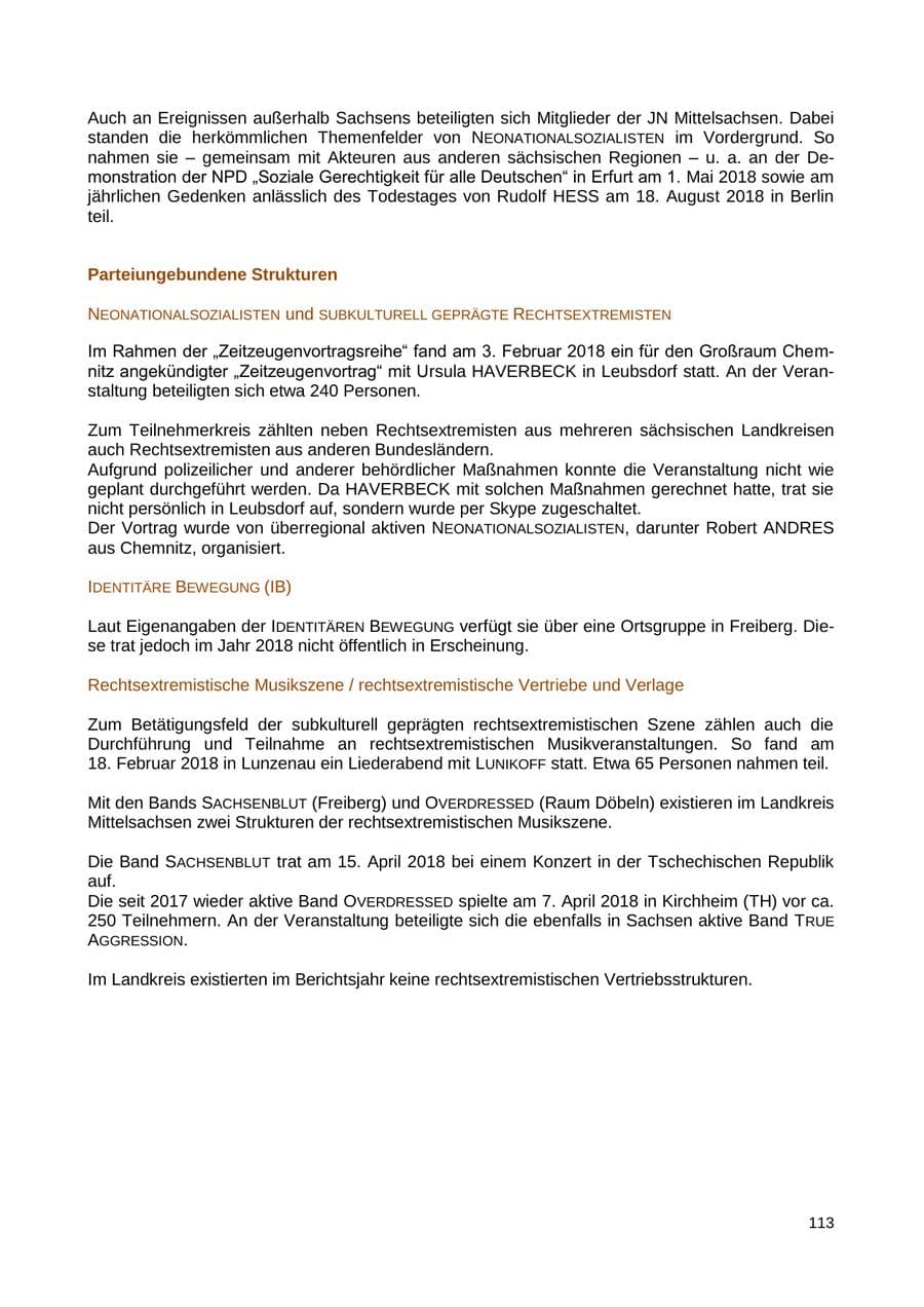 Seite 114 des Verfassungsschutzbericht 2018 Sachsen