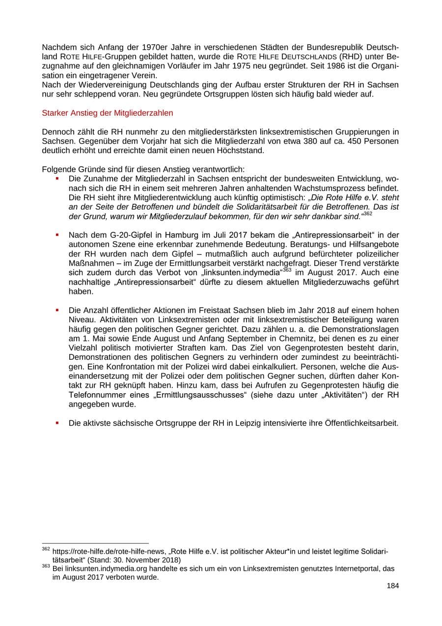 Seite 185 des Verfassungsschutzbericht 2018 Sachsen