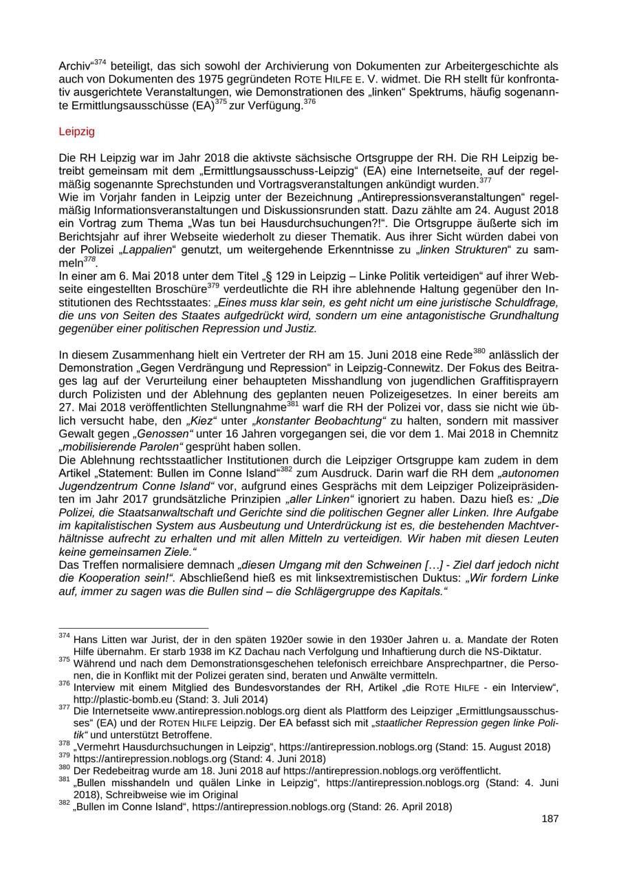 Seite 188 des Verfassungsschutzbericht 2018 Sachsen