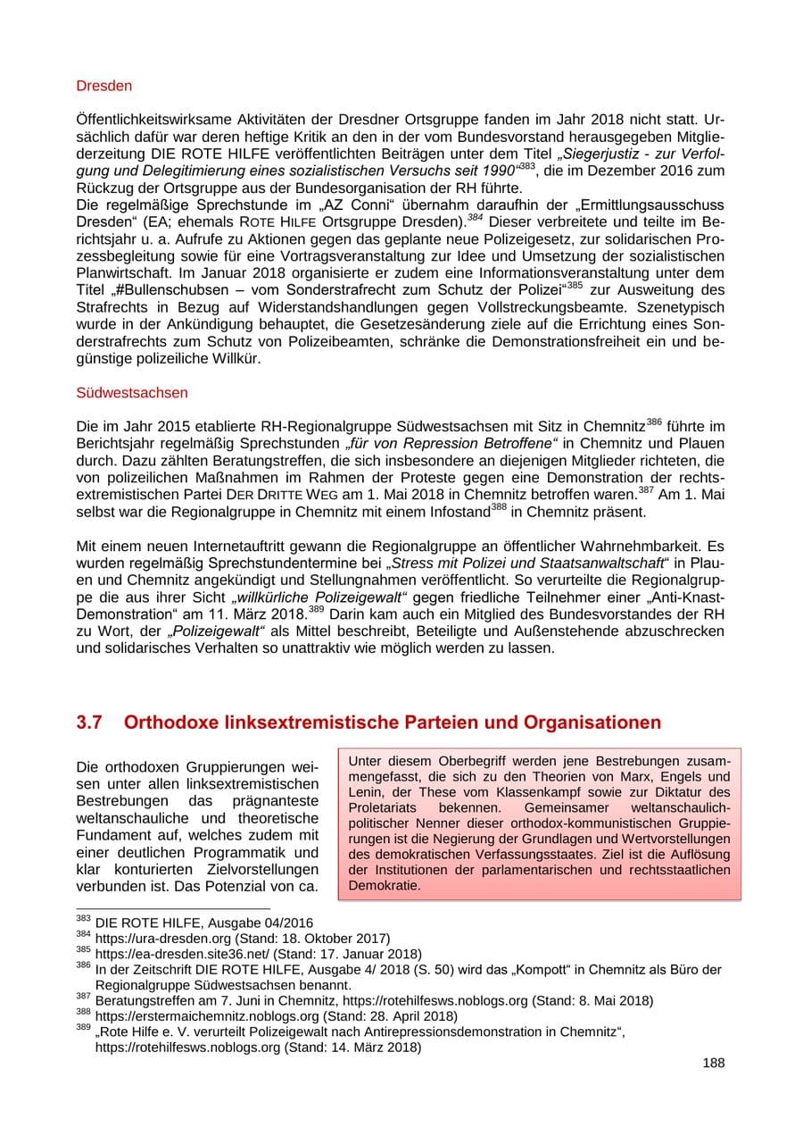 Seite 189 des Verfassungsschutzbericht 2018 Sachsen